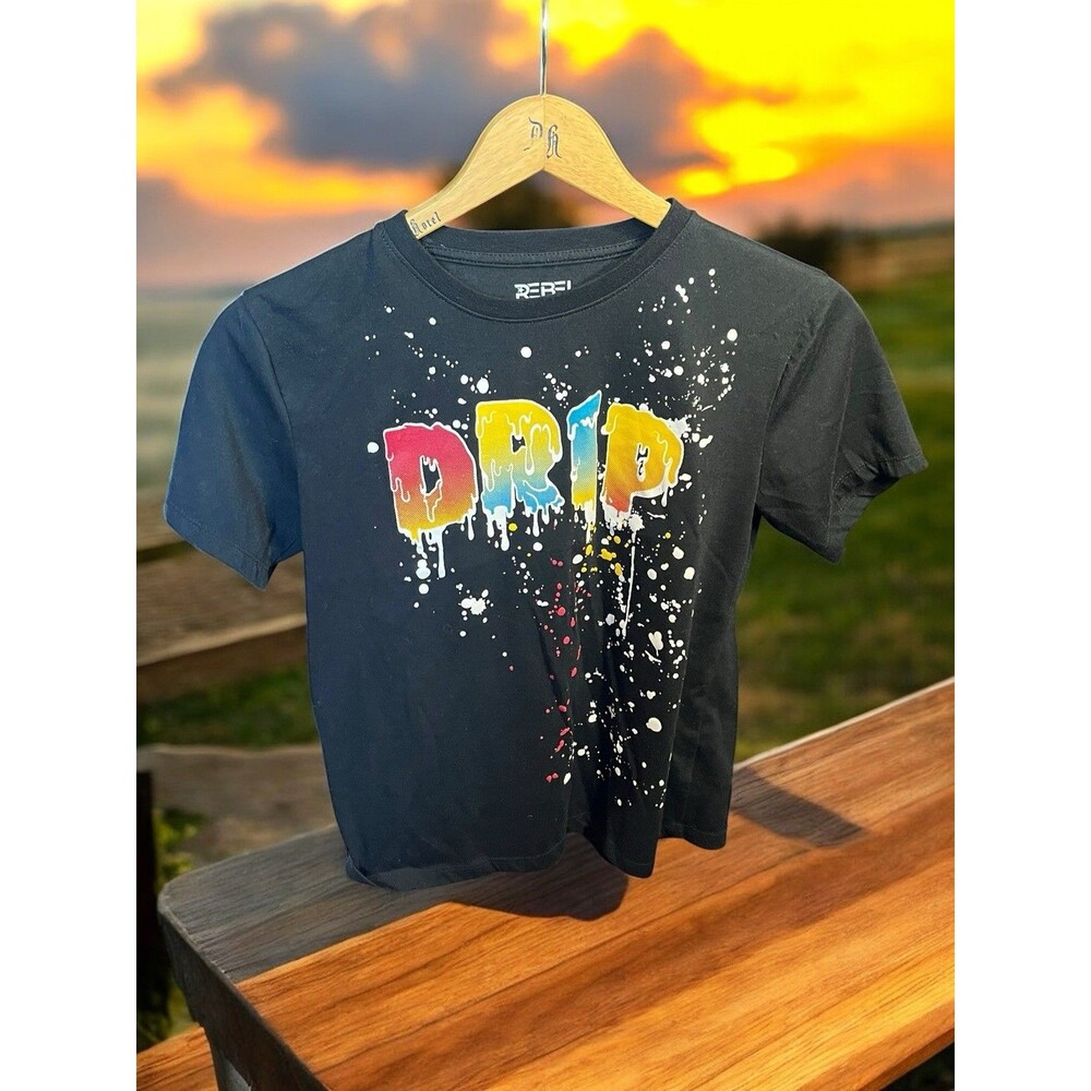 Rebel Revival Youth Size 14 Graphic T-Shirt Black DRIP Paint Splatter Tee Boys